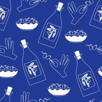 Seamless pattern of olives and olive oil in flat Mediterranean style vector
