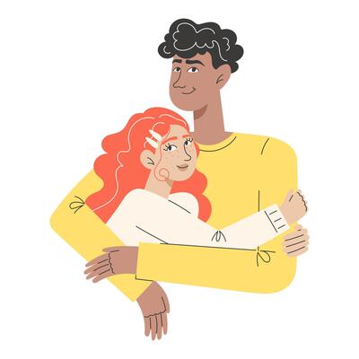 Modern Flat Style Illustration of Interracial Couple Embracing Diversity and Equality