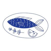 Flat Style Illustration of Mediterranean Fish Dish with Lemon Slice and Rosemary on White Background vector