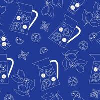 Seamless Pattern of Lemonade Lemons Mint Ice and Cold Drinks in Flat Style on Blue Background vector