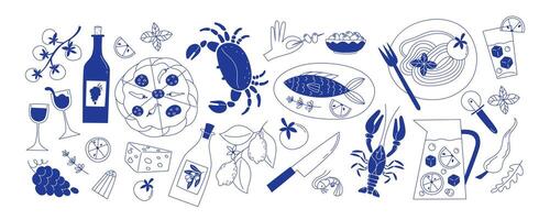 Large Set of Monochrome Modern Mediterranean Cuisine Elements in Flat Style Featuring Seafood Pasta Pizza Wine Olives and More vector