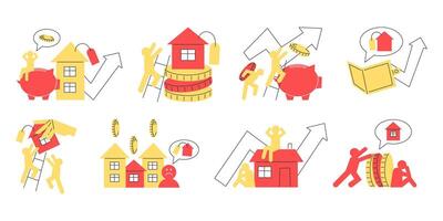 Set of Simple Flat Style Illustrations Depicting Housing Crisis Overpriced Homes and Rising Costs for Websites vector