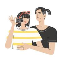 Flat Style Illustration of Young Asian Couple Hugging and Taking a Selfie Together vector