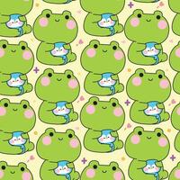 Seamless pattern of cute frog doll hug tiny penguin with heart background.Friend.Love.Reptile and polar bird animal character cartoon design.Painting book.Kawaii.Illustration. vector