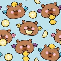 Seamless pattern of cute round shape capybara have wing fly with lemon background.Angle.Mammal animal character cartoon.Kawaii.Illustration. vector
