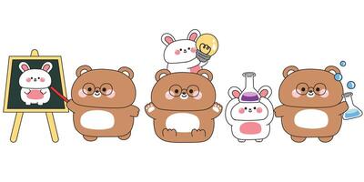 Set of cute teddy bear and rabbit in back to school concept.Student and teacher.Art,idea,test tube,science.Study learn.Wild and rodent animal character cartoon.Kawaii.Illustration vector