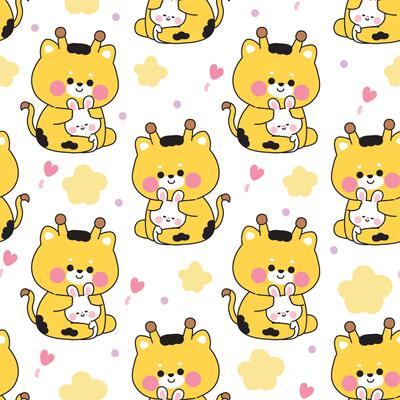 Seamless pattern of cute giraffe doll hug tiny rabbit bunny with star and heart background.Friend.Love.Wild and rodent animal character cartoon.Kawaii.Illustration.