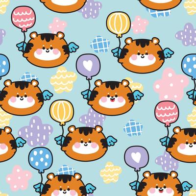 Seamless pattern of cute round shape tiger have wing fly with balloon sky star pastel background.Angle.Wild animal character cartoon.Kawaii.Illustration.