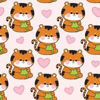 Seamless pattern of cute tiger doll hug tiny frog with heart pastel background.Friend.Love.Reptile and wild animal character cartoon design.Painting book.Kawaii.Illustration. vector
