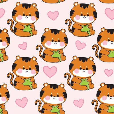 Seamless pattern of cute tiger doll hug tiny frog with heart pastel background.Friend.Love.Reptile and wild animal character cartoon design.Painting book.Kawaii.Illustration.