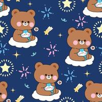 Seamless pattern of cute teddy bear doll hug tiny penguin with heart sit on cloud night sky firework background.Friend.Love.Wild and polar bird animal character cartoon design.Painting book.Kawaii. vector