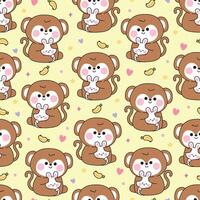 Seamless pattern of cute monkey doll hug tiny rabbit with banana background.Friend.Love.Wild and rodent animal character cartoon design.Kawaii.Illustration. vector