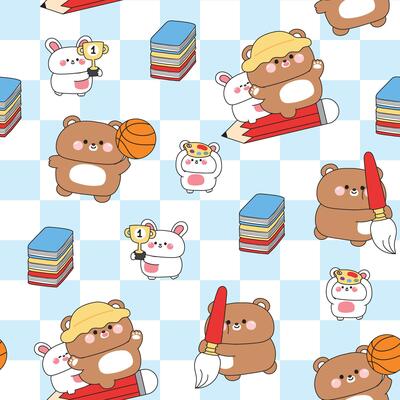 Seamless pattern of cute teddy bear and rabbit in back to school concept background.Student and teacher.Basketball,brush,pencil,trophy.Study learn.Wild and rodent animal character cartoon.Kawaii.
