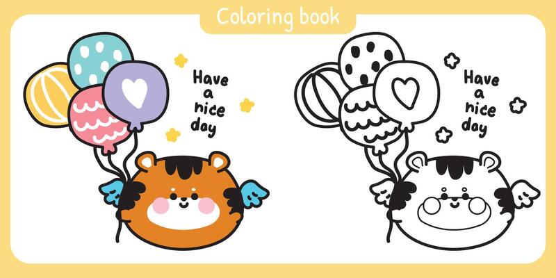 Coloring pages.Cute round shape tiger have wing fly with balloon.Have a nice day text with star.Angle.Wild animal character cartoon.Painting book.Kawaii.Illustration.
