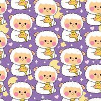 Seamless pattern of cute sheep doll hug tiny chicken with heart and star background.Friend.Love.Farm and bird animal character cartoon design.Painting book.Kawaii.Illustration. vector