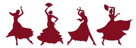 Four silhouettes of women in dresses with fans dancing flamenco. The dynamic pose of the passionate Spanish dance. Flat modern illustration. vector