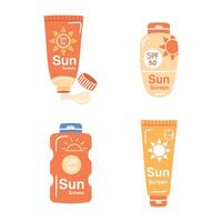 Set of four sunscreen bottles and tubes with SPF 50. Perfect for sun protection, skincare, and summer themes. vector