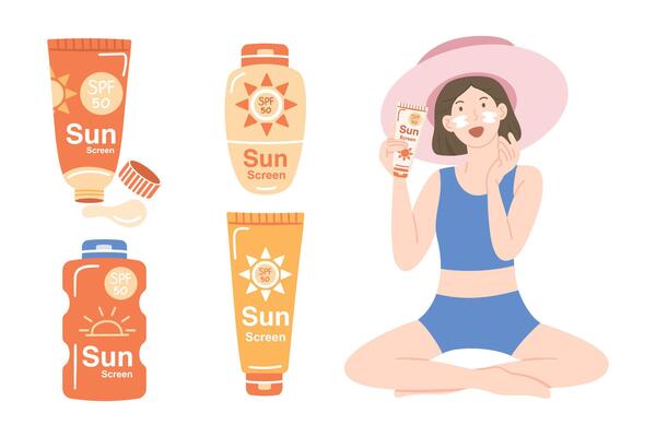 Sunscreen collection with SPF 50 and woman applying sunblock. Skincare and UV protection in flat cartoon style isolate on a white background.
