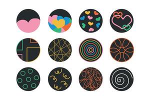 Collection of colorful circles with various abstract designs. Round icon set with hearts, circles, lines and spiral. vector