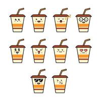 Cute flat design glass cup with different facial expressions, emotions. Set, collection of emoji isolated on white background. vector