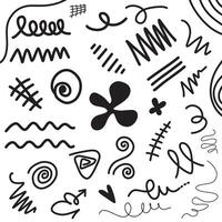 Set of black hand drawn anime manga doodle grunge line elements curved charcoal, chalk arrows, abstract shapes, graphic effects for character emotion. Scribble stroke symbols. vector