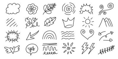 Collection of black doodles arrows, clouds, swirls, and crowns. Playful doodles, black lines, and whimsical shapes. Perfect for creative projects and designs. vector