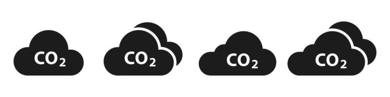 Cloud co2 reduction icon silhouette set. Reduce co2 gas symbol. Carbon reduction cloud sign vector