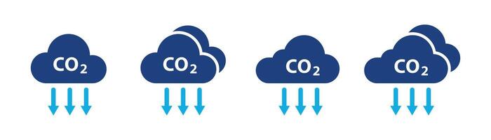 Cloud co2 symbol with down arrow icon set. Carbon dioxide emission reduction cloud sign. illustration vector