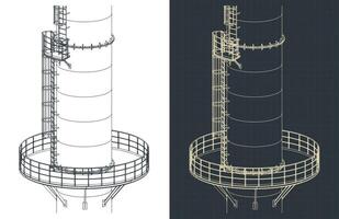 Industrial chimney metal structure, platform and service ladder close up isometric drawings vector