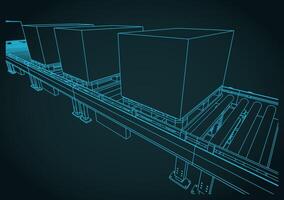 Conveyor line with boxes on pallets close up sketch vector