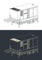 Diesel generator trailer isometric drawings stylized illustrations vector