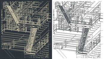 Metal structures offshore platform isometric drawings close up vector
