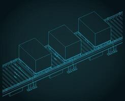 Conveyor with boxes on pallets isometric blueprint vector