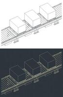 Conveyor line with boxes on pallets isometric drawings vector