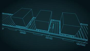 Conveyor line with boxes on pallets close-up sketch vector
