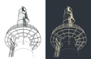 Industrial chimney metal structure, platform and service ladder close up sketches vector
