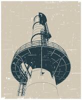 Industrial chimney part metal structure, platform and service ladder close-up retro poster vector