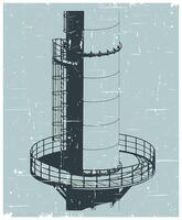 Industrial chimney part metal structure, platform and service ladder close up retro poster vector