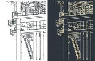 Metal structures offshore platform isometric drawings close-up vector