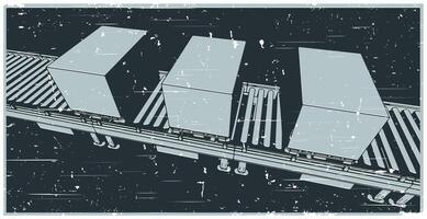 Conveyor line with boxes on pallets close up retro poster illustration vector