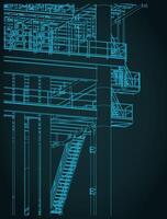 Metal structures offshore platform isometric blueprint close up vector