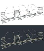 Conveyor line with boxes on pallets sketches vector
