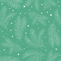Seamless pattern of fir tree branches in white outline and snow on green-blue background vector