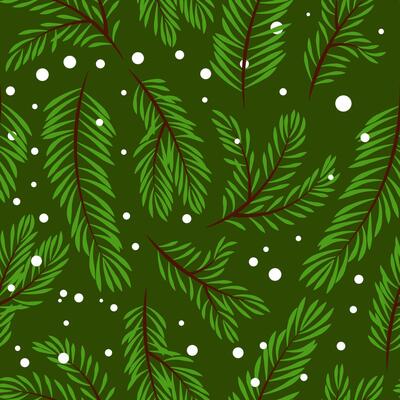 Seamless pattern of green fir tree branches and snow on a dark green background