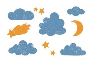 Set of cute clouds, stars, crescent moon and falling star icons. Hand drawn childish , chalk, crayon or pencil texture. Colorful design elements isolated on white background. vector