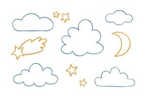 Set of cute childish hand drawn clouds, moon, stars and falling star outline icons with chalk, crayon or pencil texture isolated on white background. vector