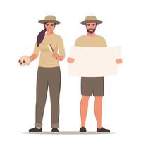 Archaeologists with skull and map vector