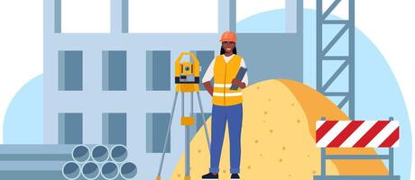 Construction site. Building work process with houses and construction machines. Surveyor engineers with equipment, theodolite or total positioning station. illustration. vector