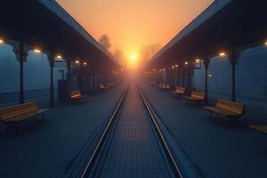 Sunrise illuminating empty train station platform with benches and fog photo