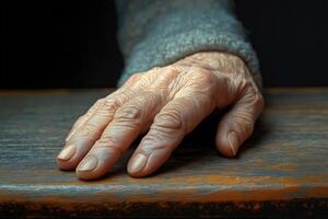Senior hand resting on wooden table, showing signs of aging photo